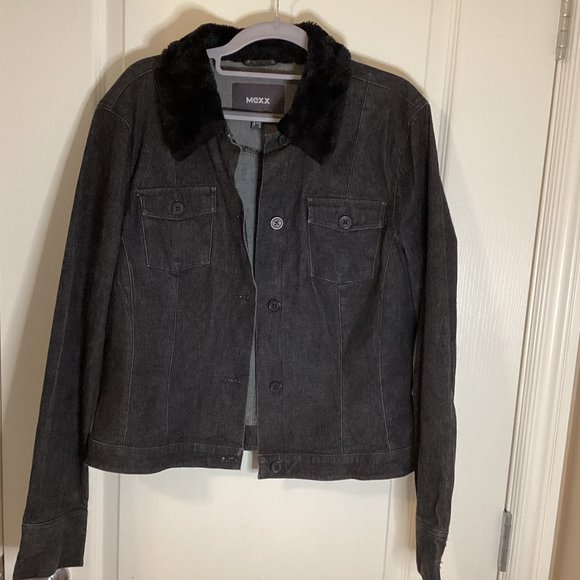 Mexx Women's Black Denim Jean Jacket With Faux Fur Collar Size 14 Western Cowboy - Picture 1 of 8